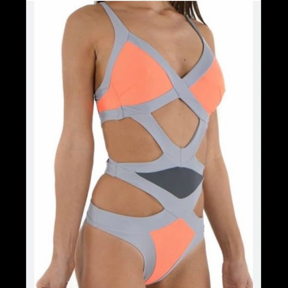 NWT $249 Les Canebiers M Palmier Bikini One Piece Strappy Cut Out Caged Neon
